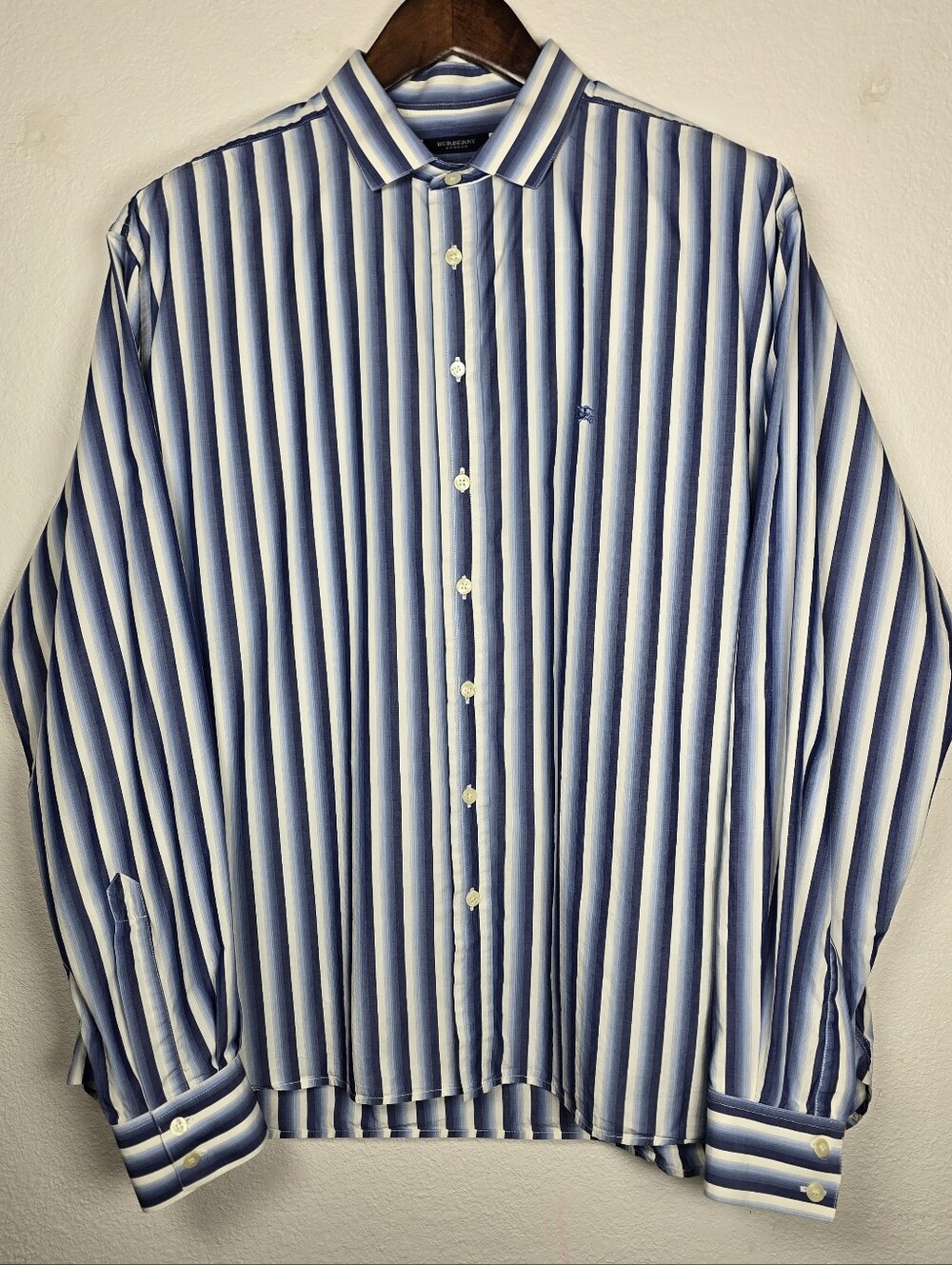 BURBERRY LONDON Men XXL Striped Long Sleeve Button Shirt Blue White Made in UK